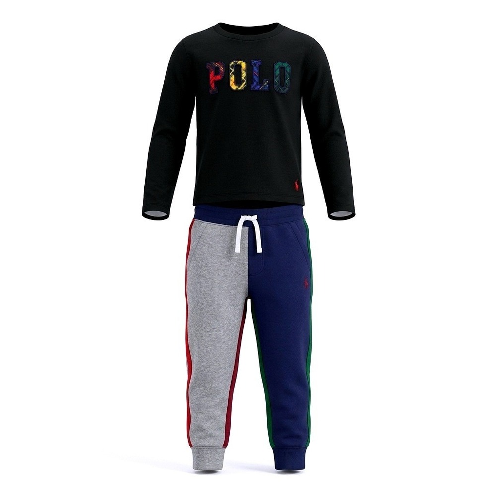 Polo Ralph Lauren Kids Black Plaid Logo Tee & Colorblock Jogger Set 2T Unisex